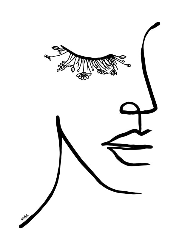 Minimalistická ilustrace tváře s květinovým řasou