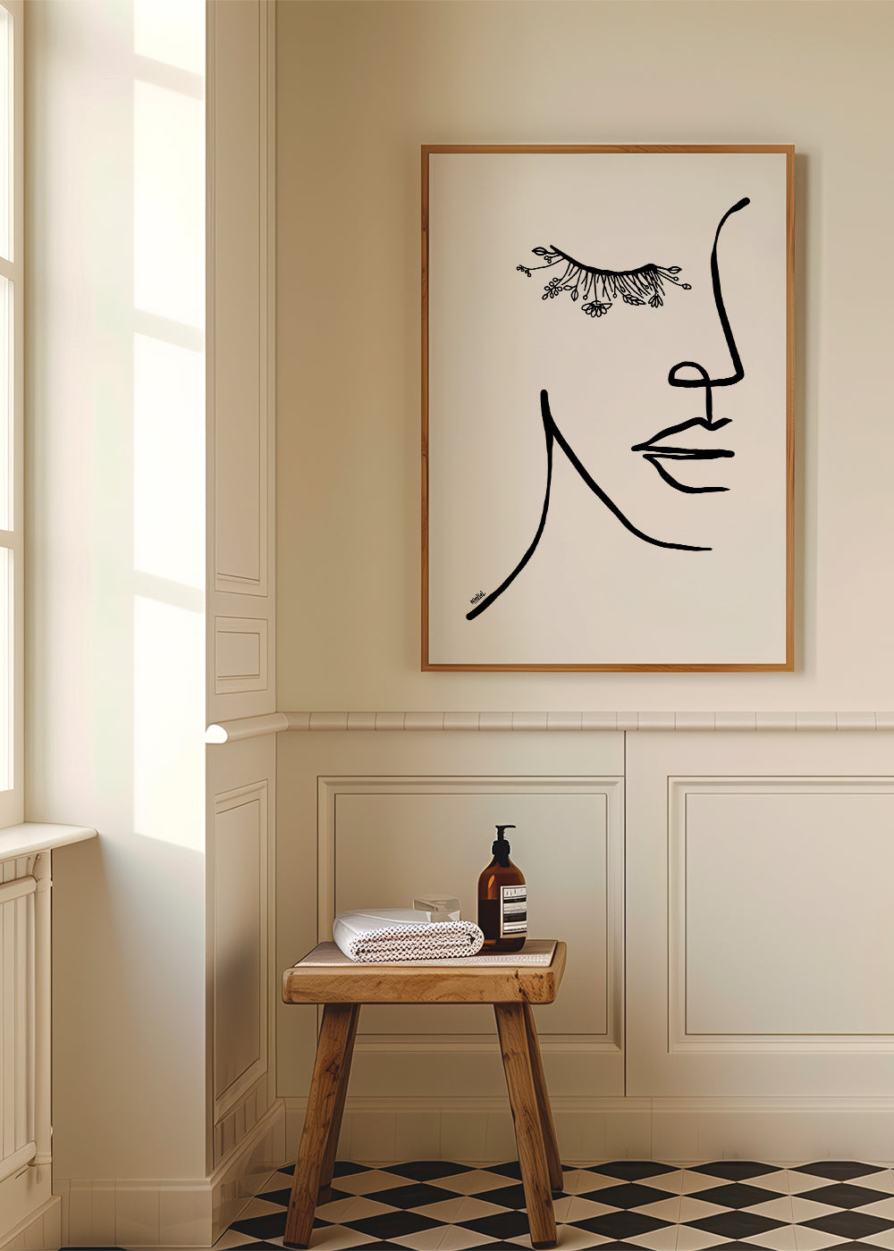 Minimalistická ilustrace tváře s květinovým řasou