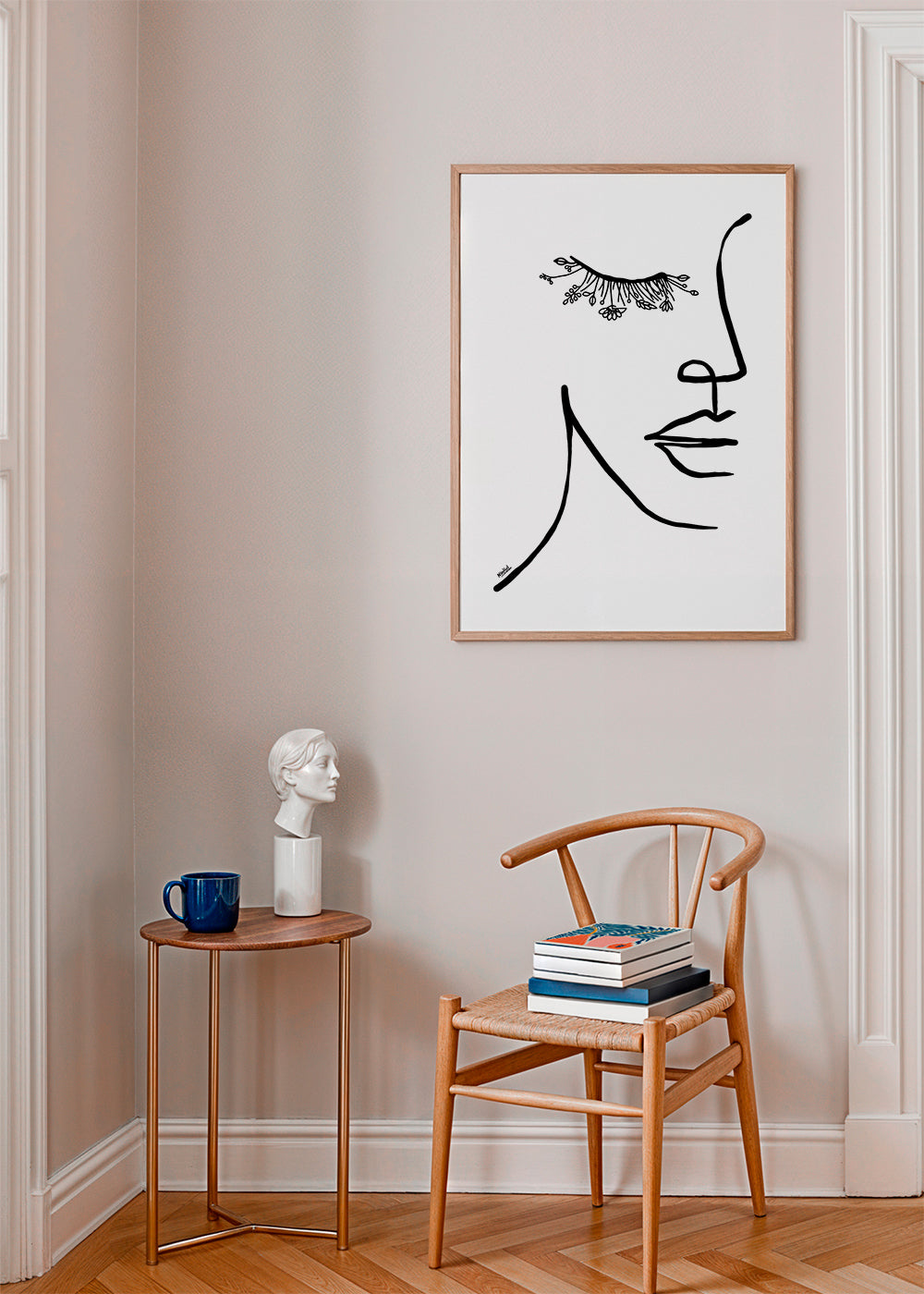 Minimalistická ilustrace tváře s květinovým řasou