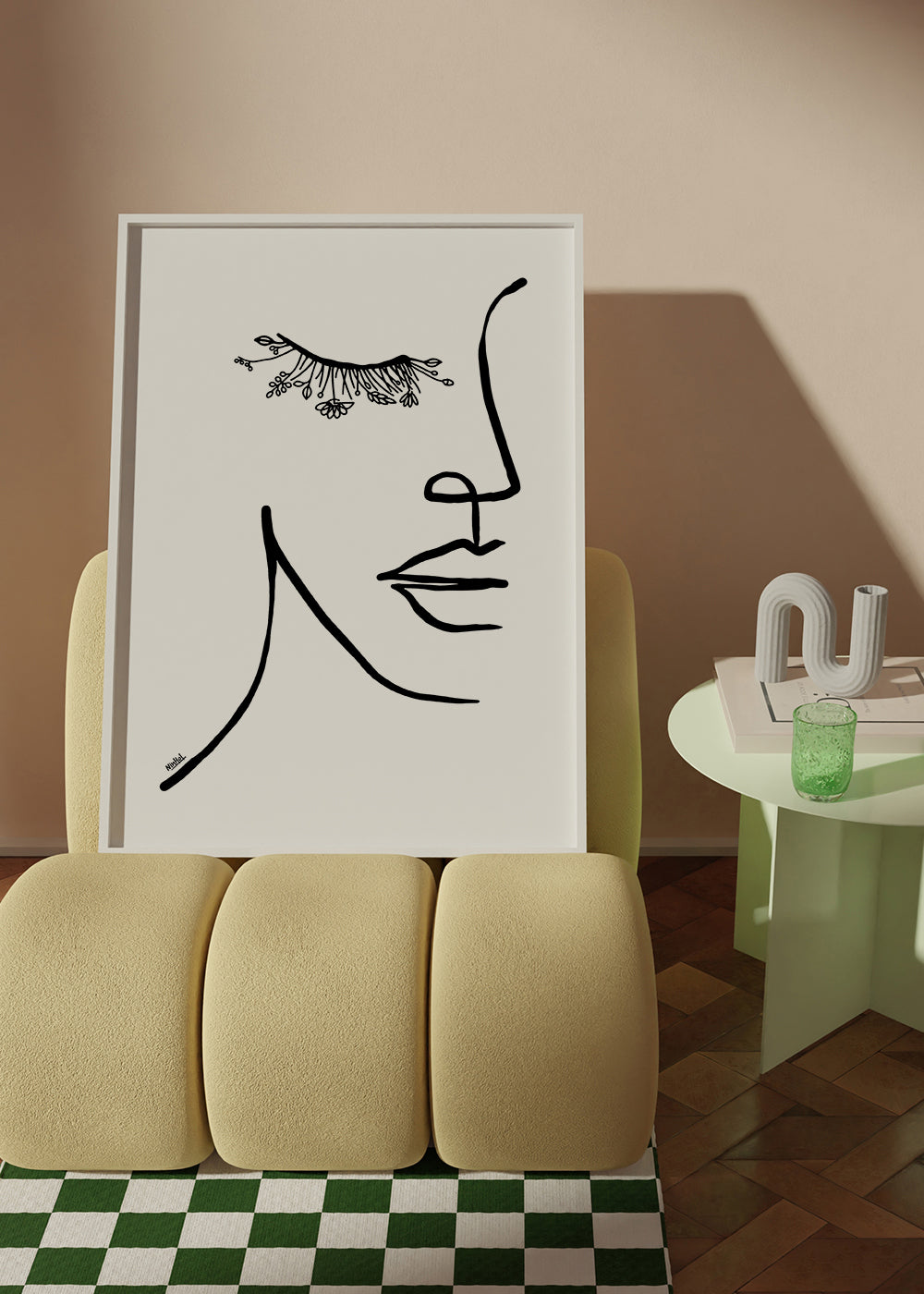 Minimalistická ilustrace tváře s květinovým řasou