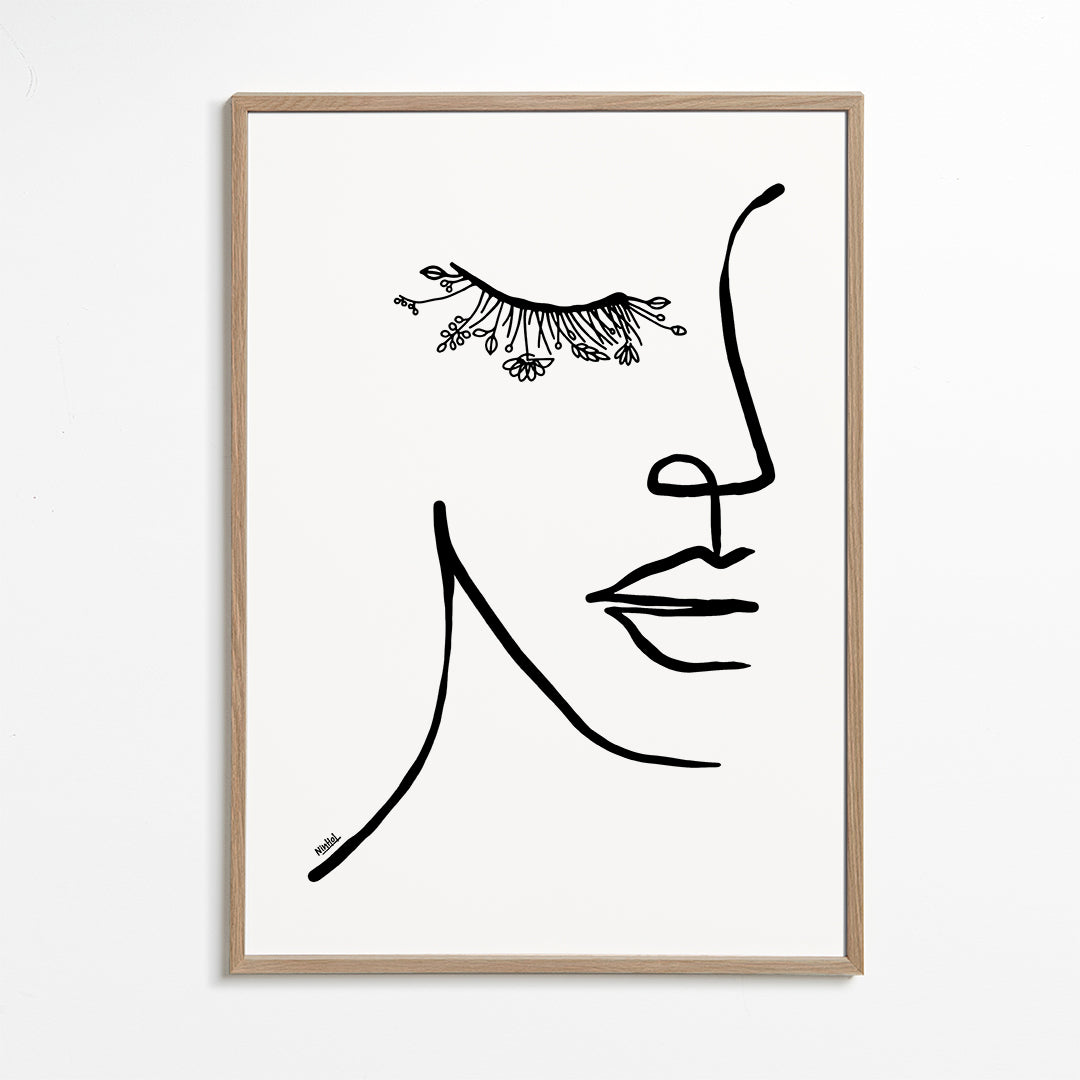Minimalistická ilustrace tváře s květinovým řasou