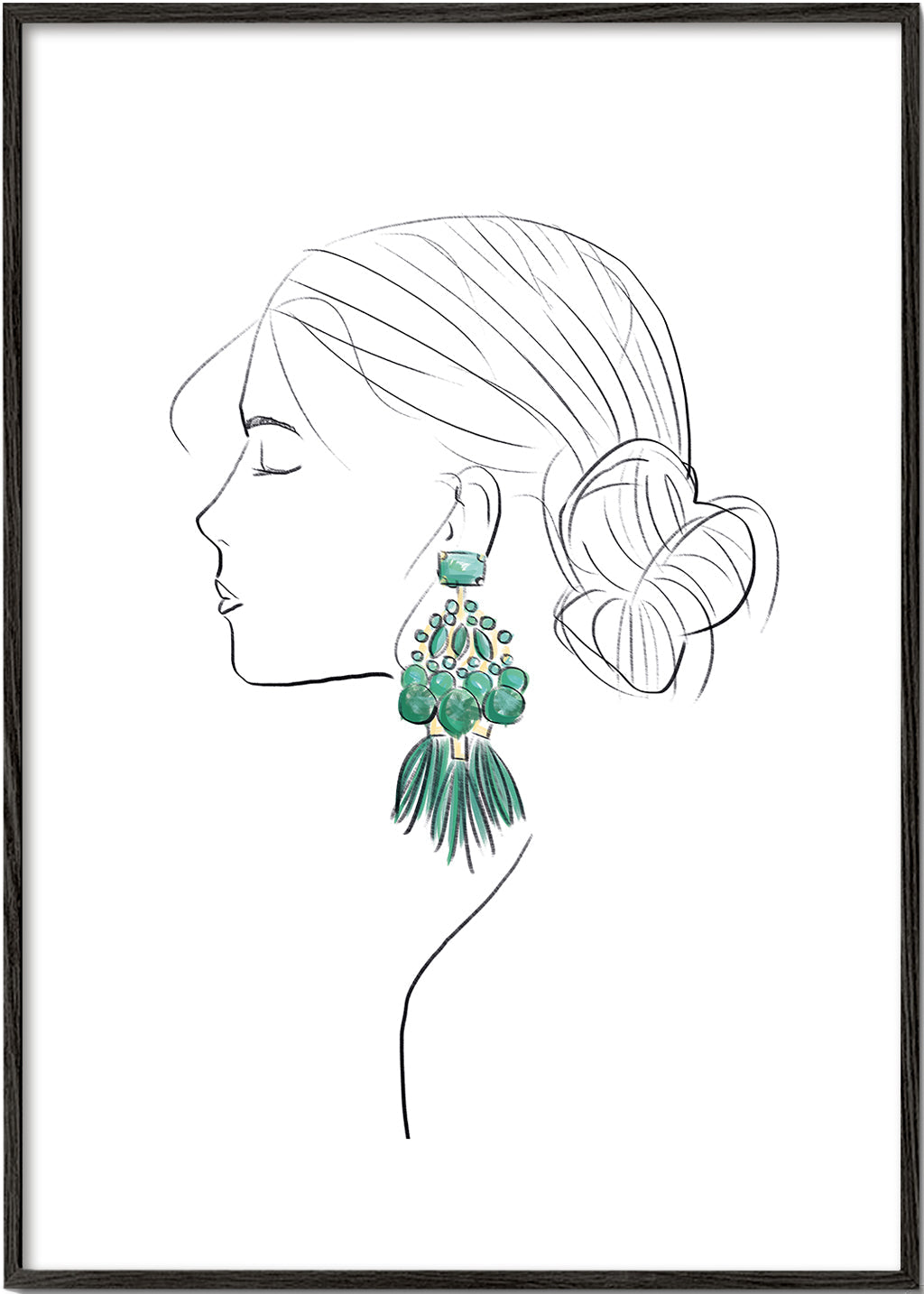 Ilustrace profil ženy se zelenými náušnicemi