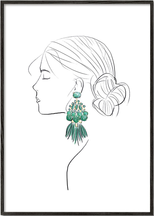 Ilustrace profil ženy se zelenými náušnicemi