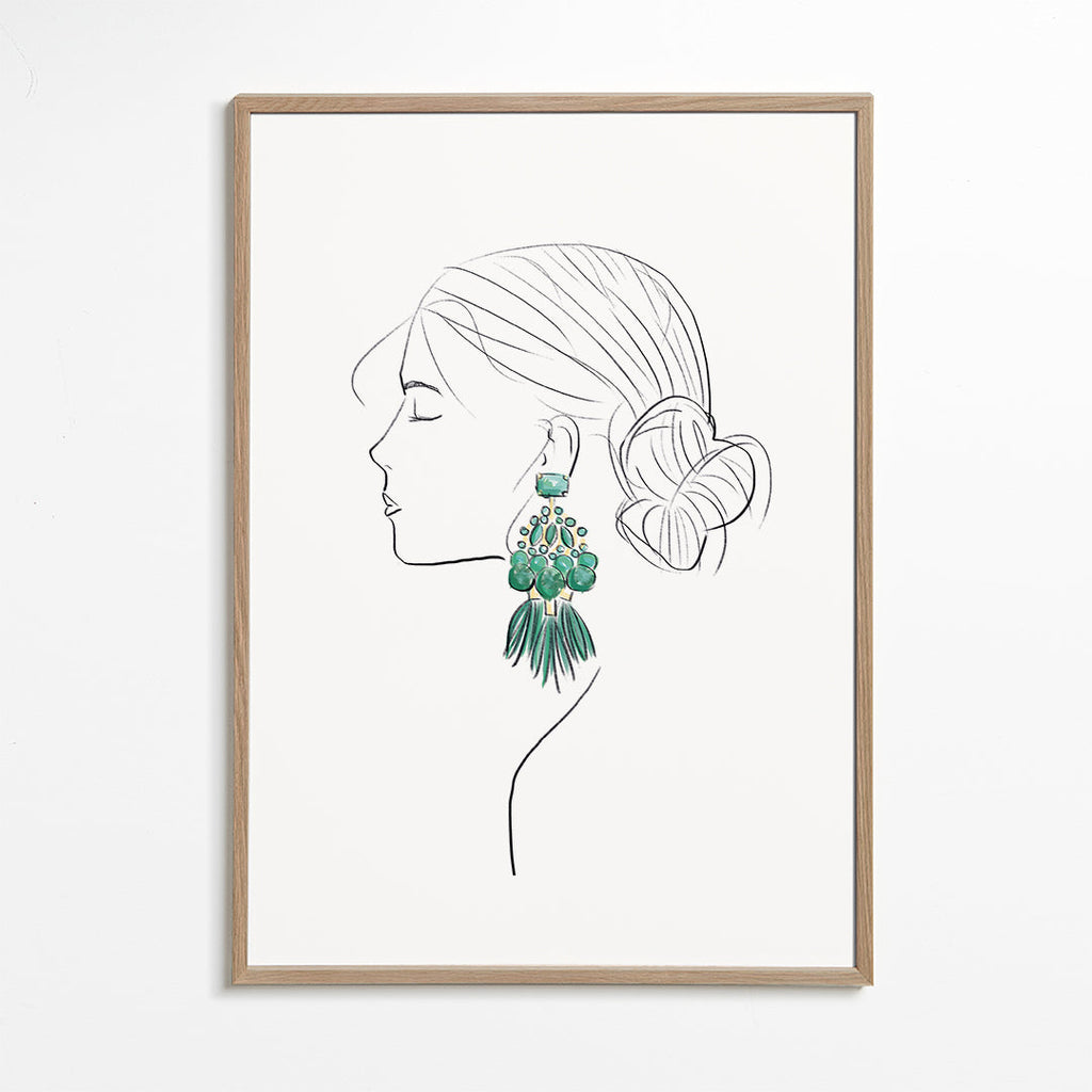 Ilustrace profil ženy se zelenými náušnicemi