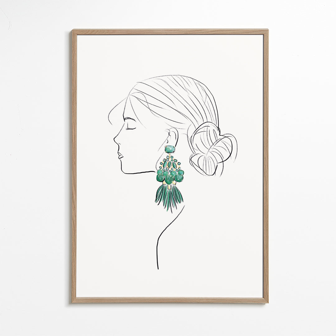 Ilustrace profil ženy se zelenými náušnicemi