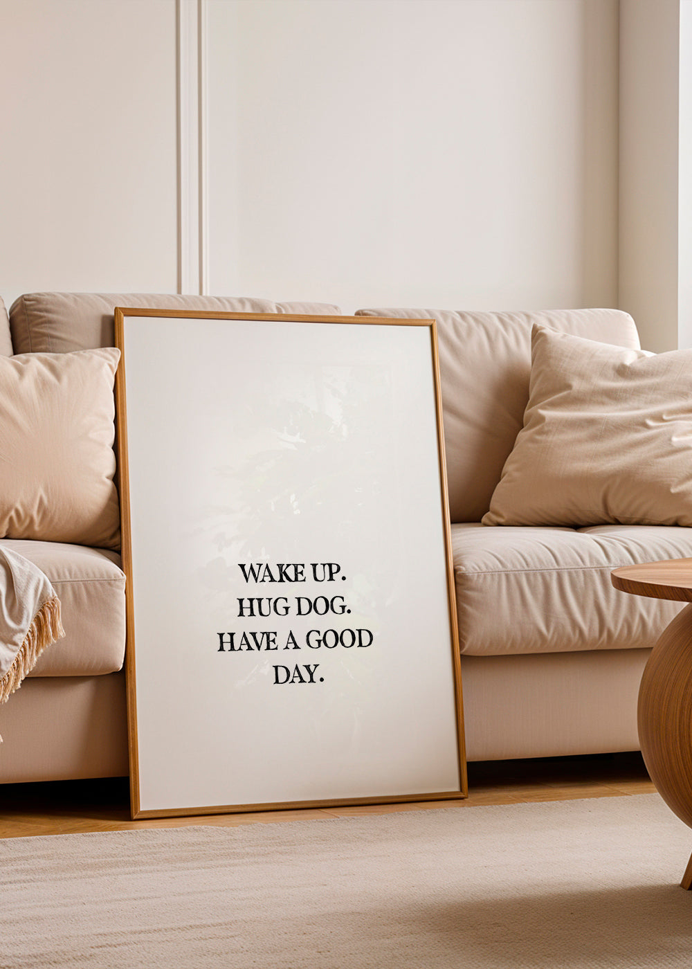 Minimalistický typografický obraz: Wake Up Hug Dog