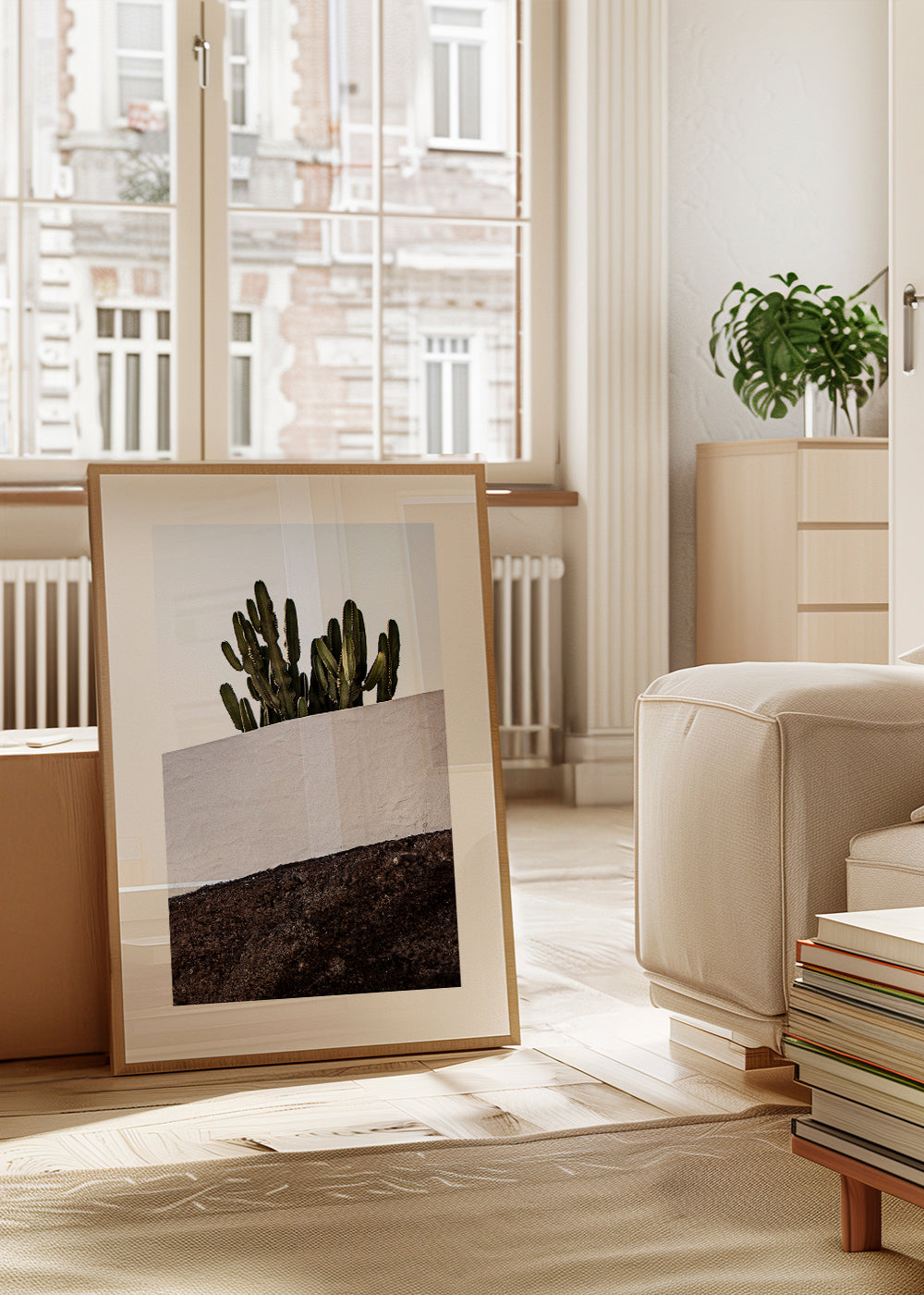 Botanický plakát vertikálně s kaktusem na zdi