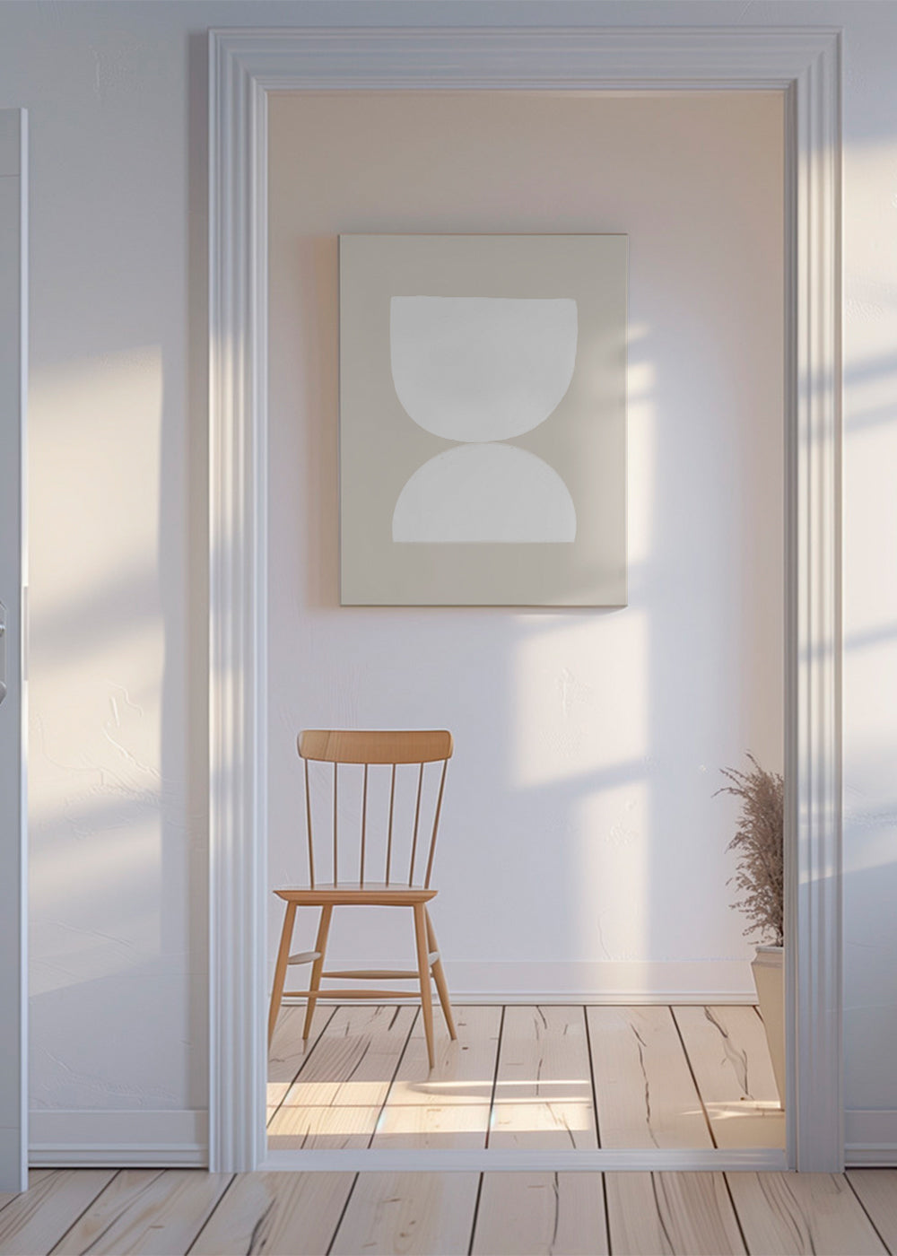 Minimalistický obraz dvě bílé tvary na béžovém pozadí