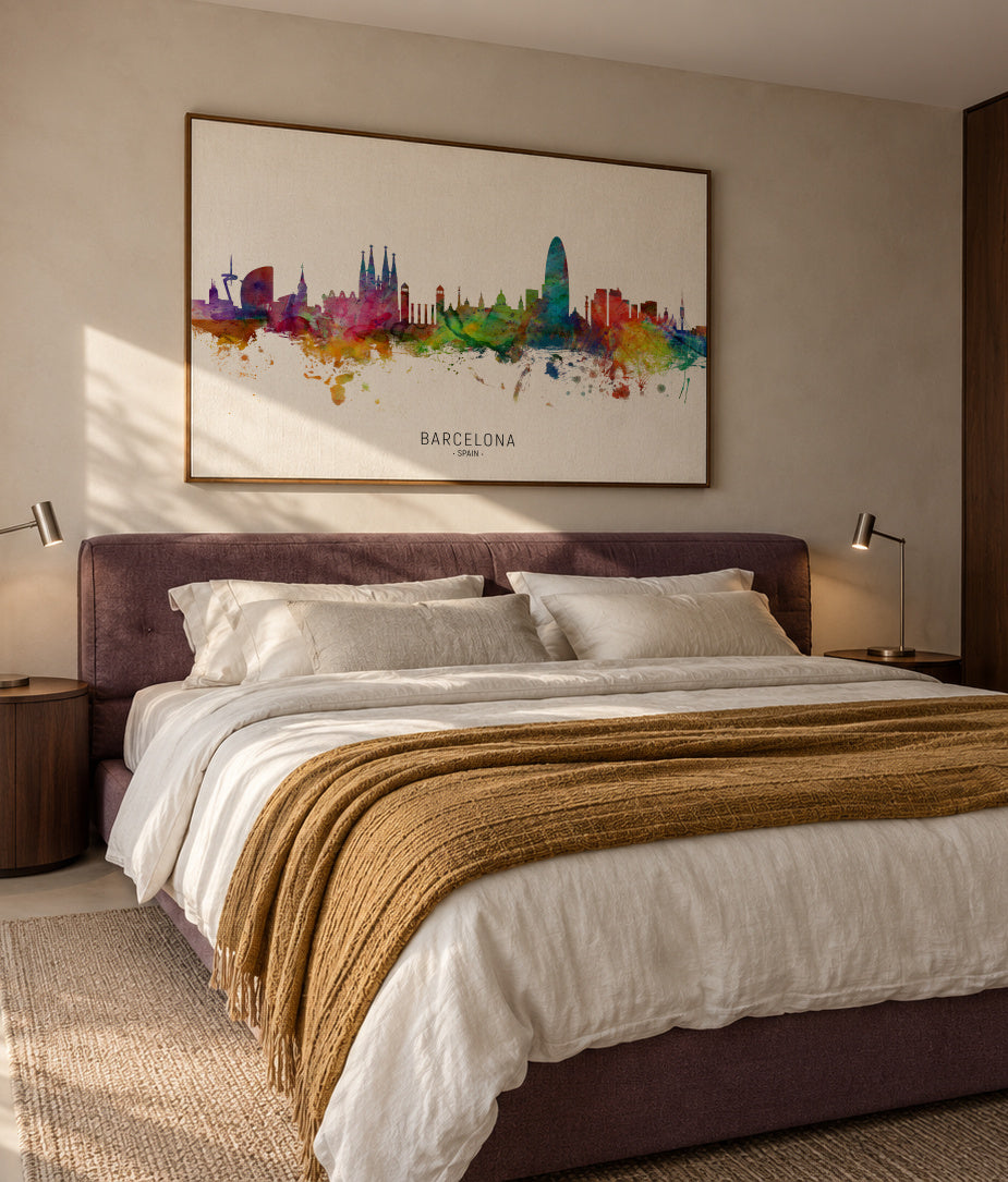 Barcelona Skyline multicolor - Framed canvas in an interior