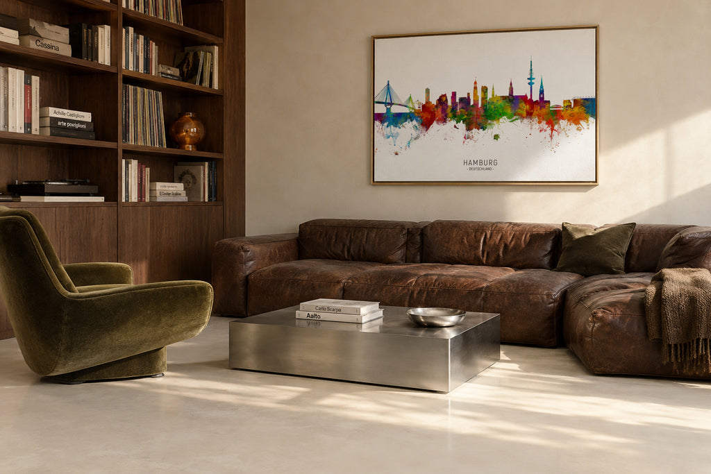 Hamburg Skyline multicolor - Framed canvas in an interior