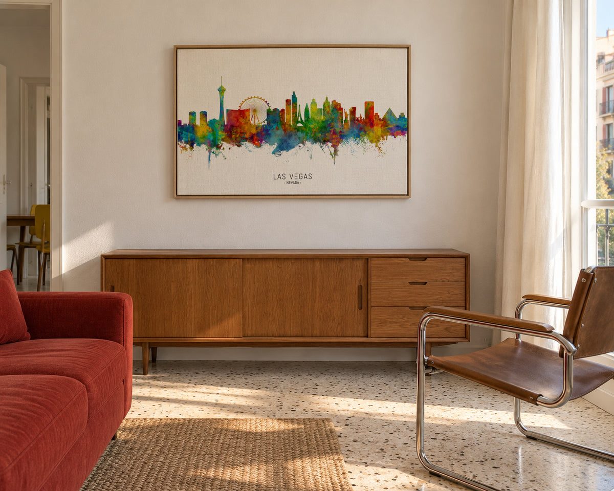 Las Vegas Skyline multicolor - Framed canvas in an interior