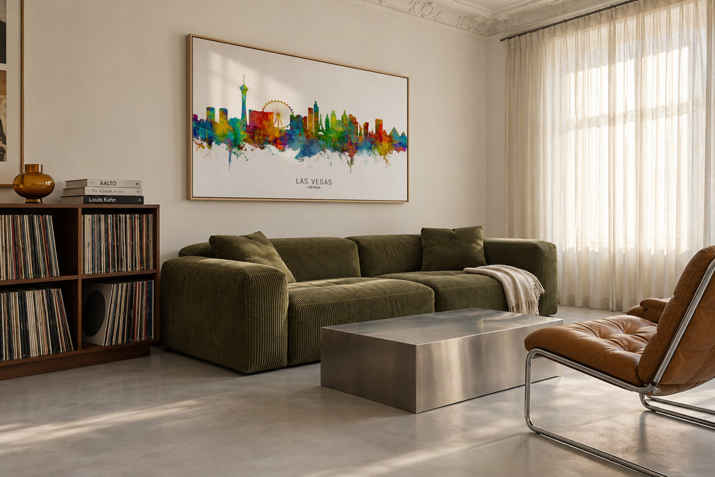 Las Vegas Skyline multicolor - Framed canvas in an interior
