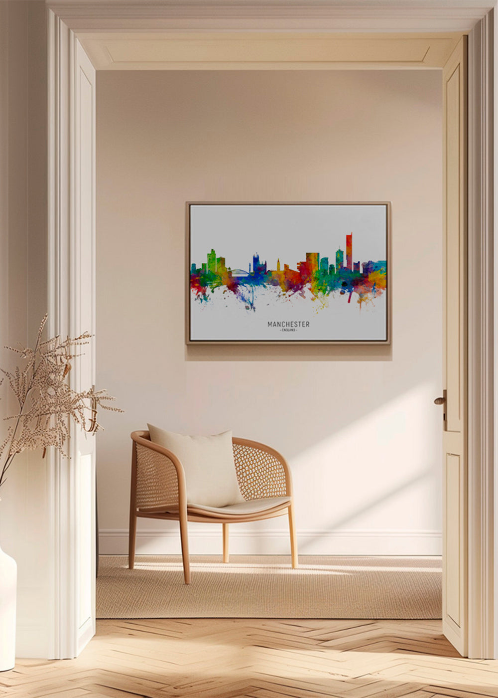 Cestovatelský plakát: Manchester skyline v barvách