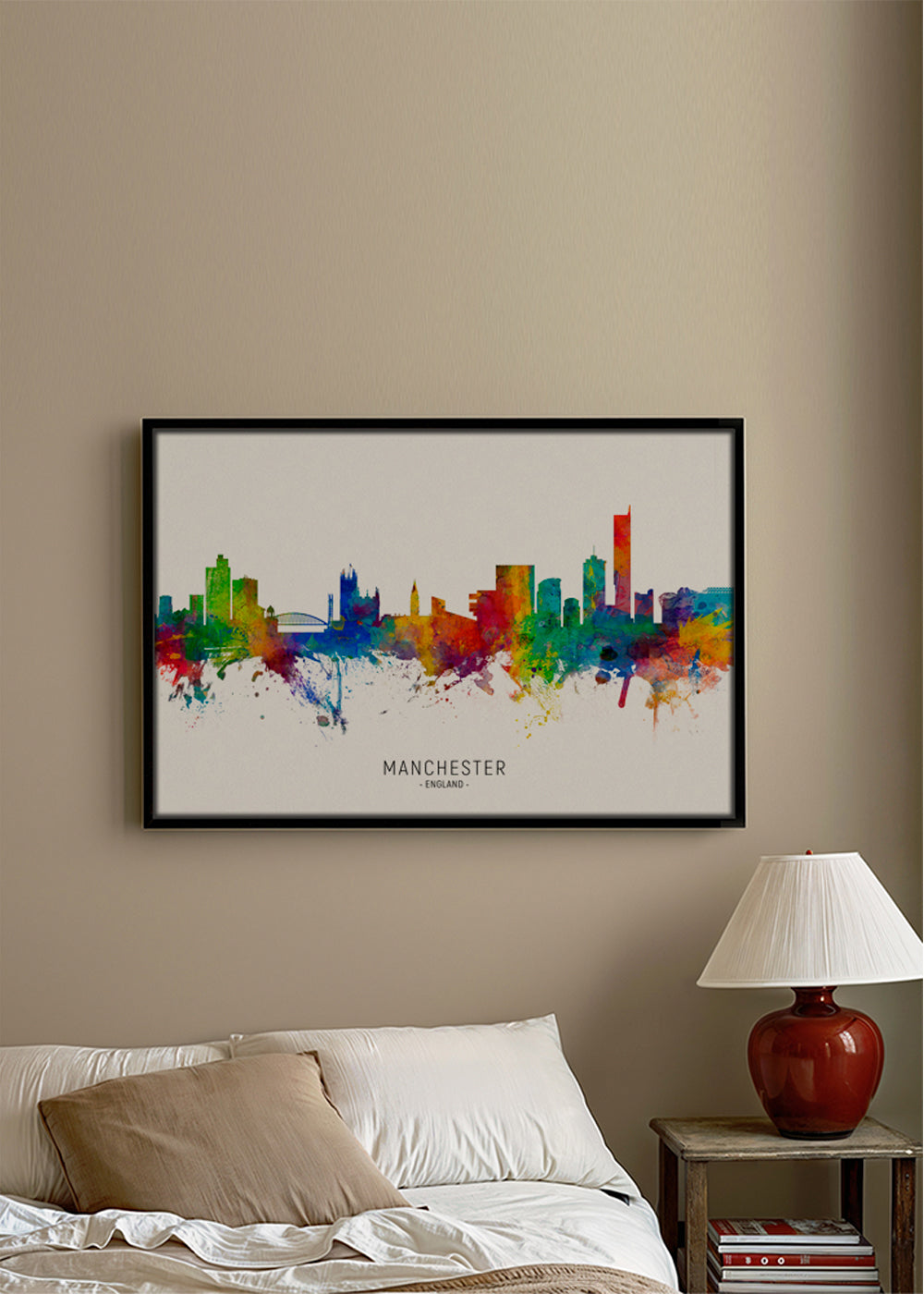 Cestovatelský plakát: Manchester skyline v barvách