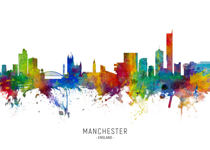 Cestovatelský plakát: Manchester skyline v barvách