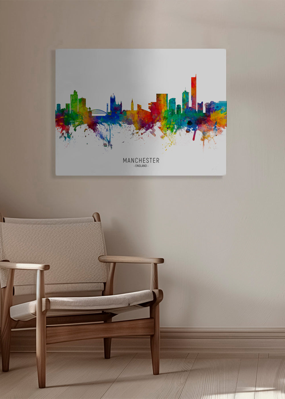 Cestovatelský plakát: Manchester skyline v barvách