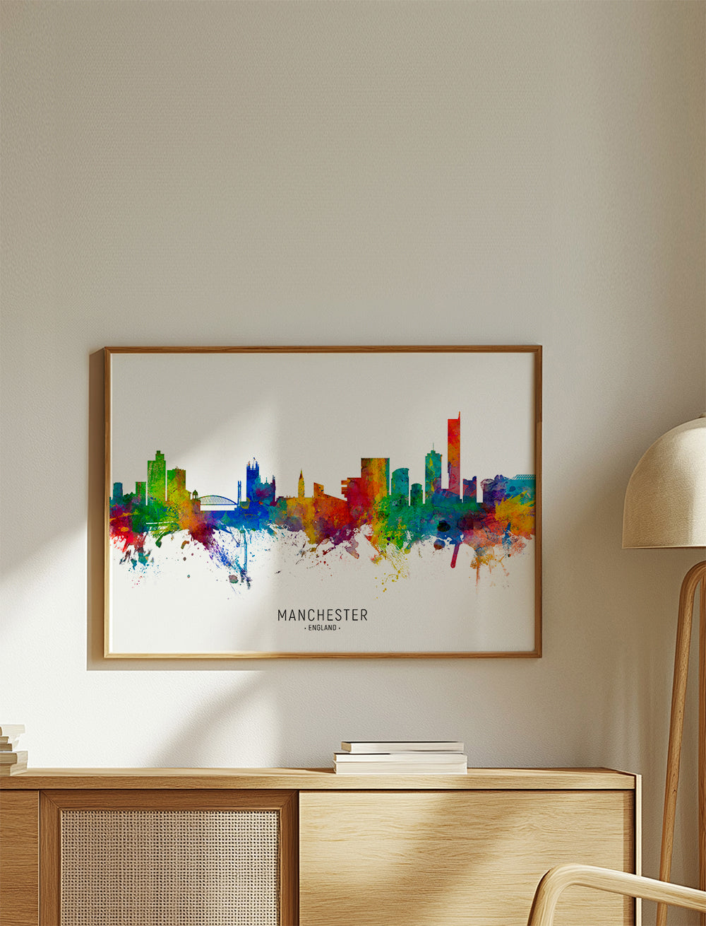 Cestovatelský plakát: Manchester skyline v barvách