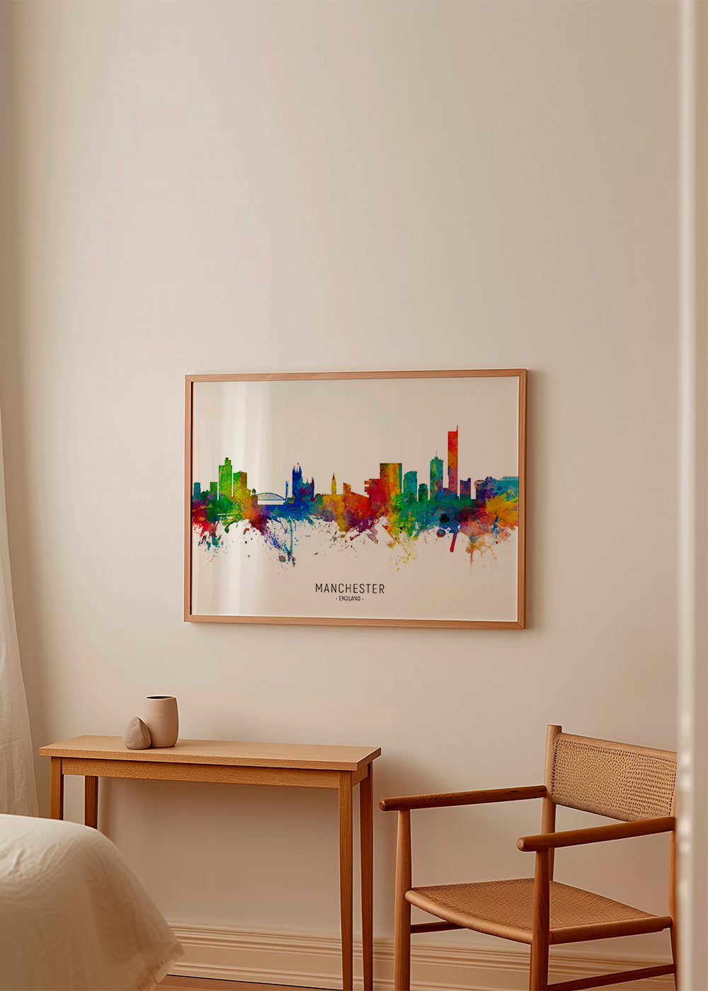 Cestovatelský plakát: Manchester skyline v barvách