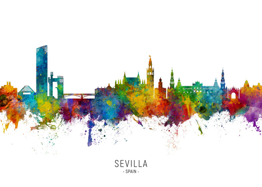 Cestovatelský plakát: Sevilla skyline v akvarelu