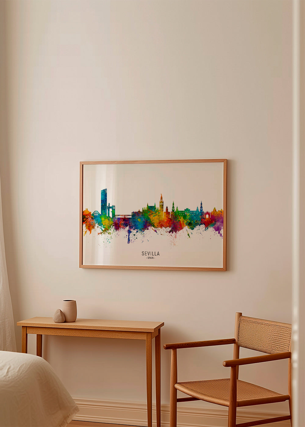 Cestovatelský plakát: Sevilla skyline v akvarelu