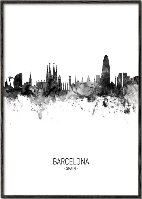 Městské umění: Panorama Barcelony v monochromatickém inkoustu