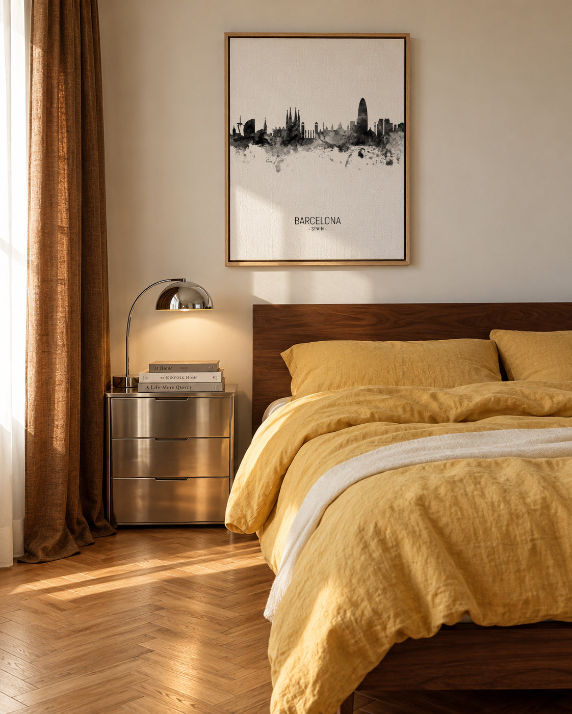 Barcelona Skyline en blanco y negro - Framed canvas in an interior