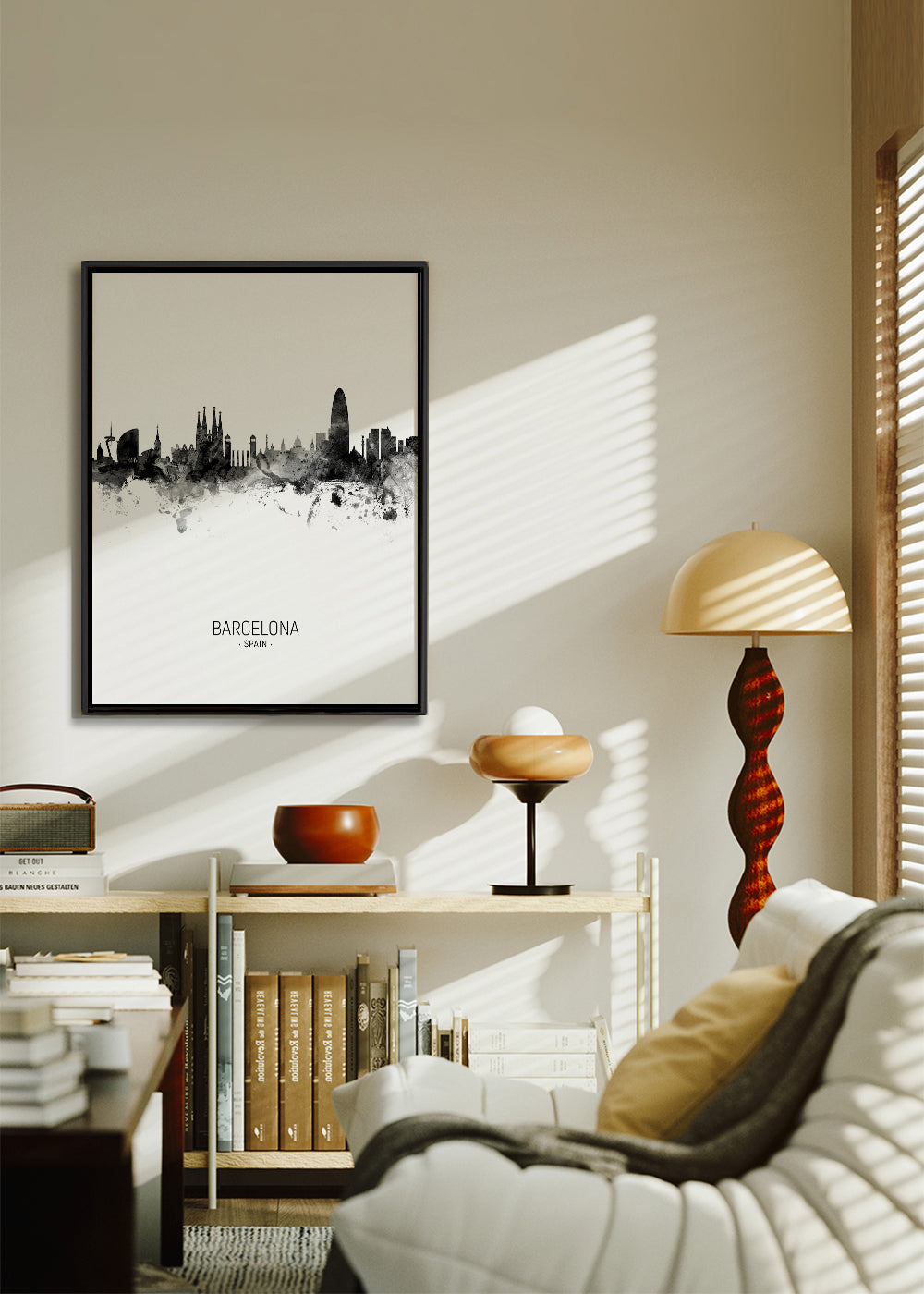 Městské umění: Panorama Barcelony v monochromatickém inkoustu