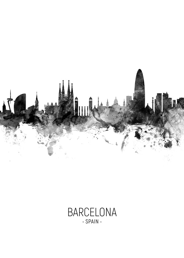 Městské umění: Panorama Barcelony v monochromatickém inkoustu