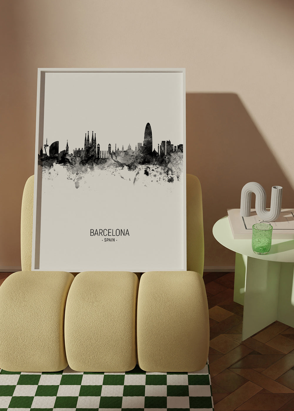 Městské umění: Panorama Barcelony v monochromatickém inkoustu