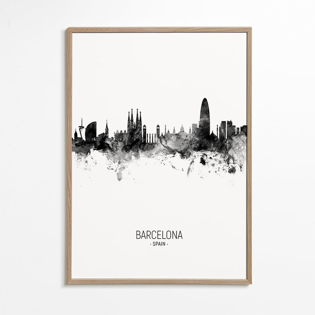 Městské umění: Panorama Barcelony v monochromatickém inkoustu