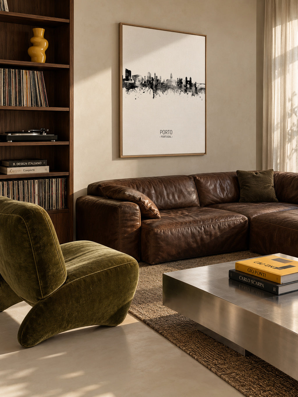 Porto Skyline en blanco y negro - Framed canvas in an interior