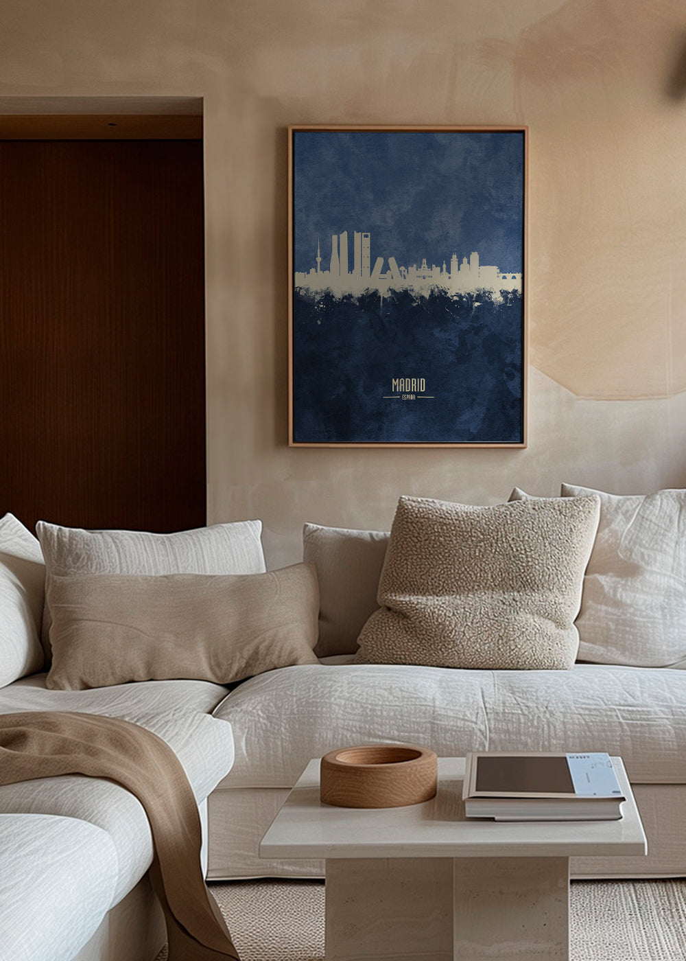 Travel poster Madrid skyline modrý