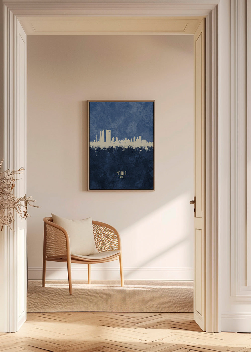 Travel poster Madrid skyline modrý