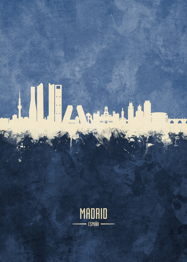 Travel poster Madrid skyline modrý