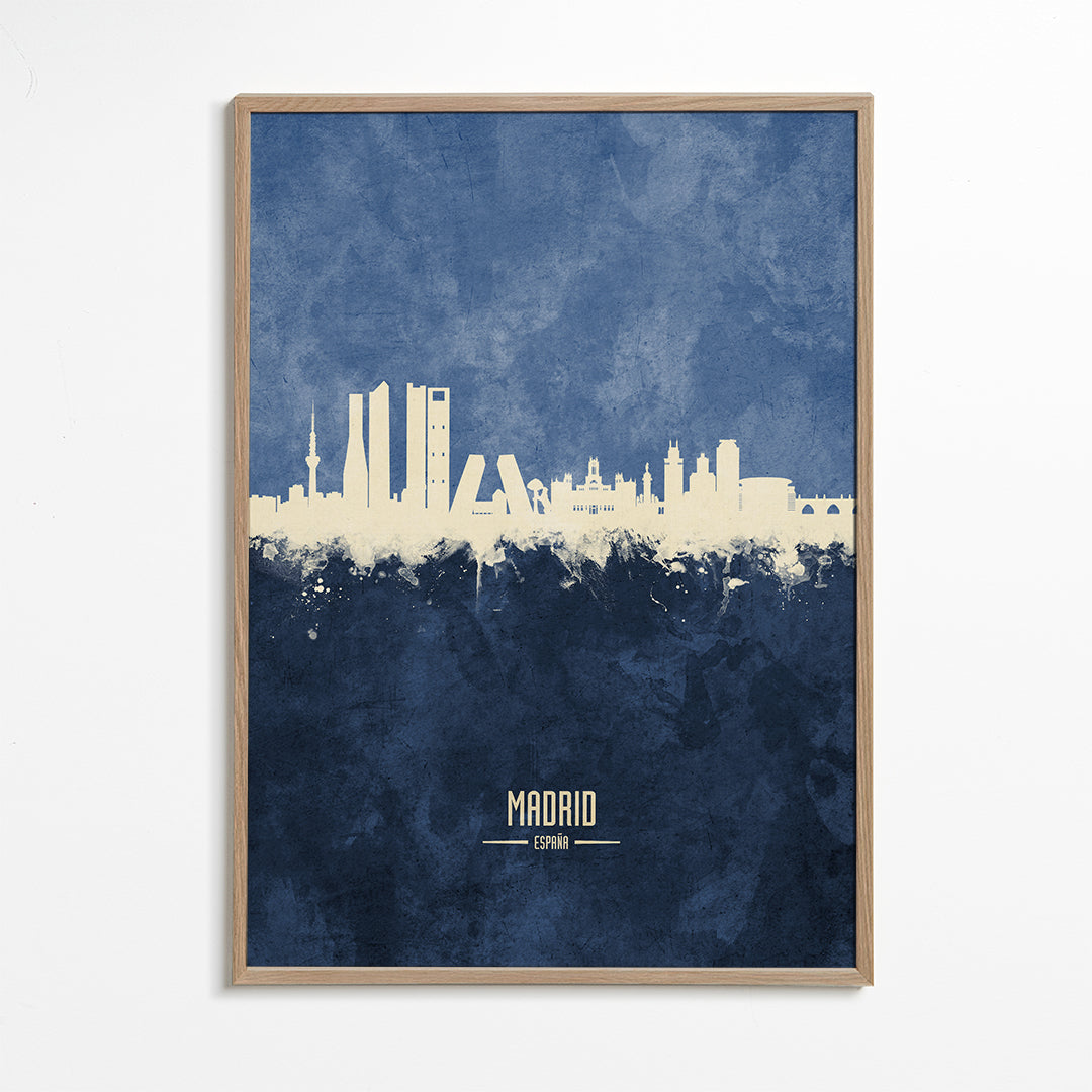 Travel poster Madrid skyline modrý