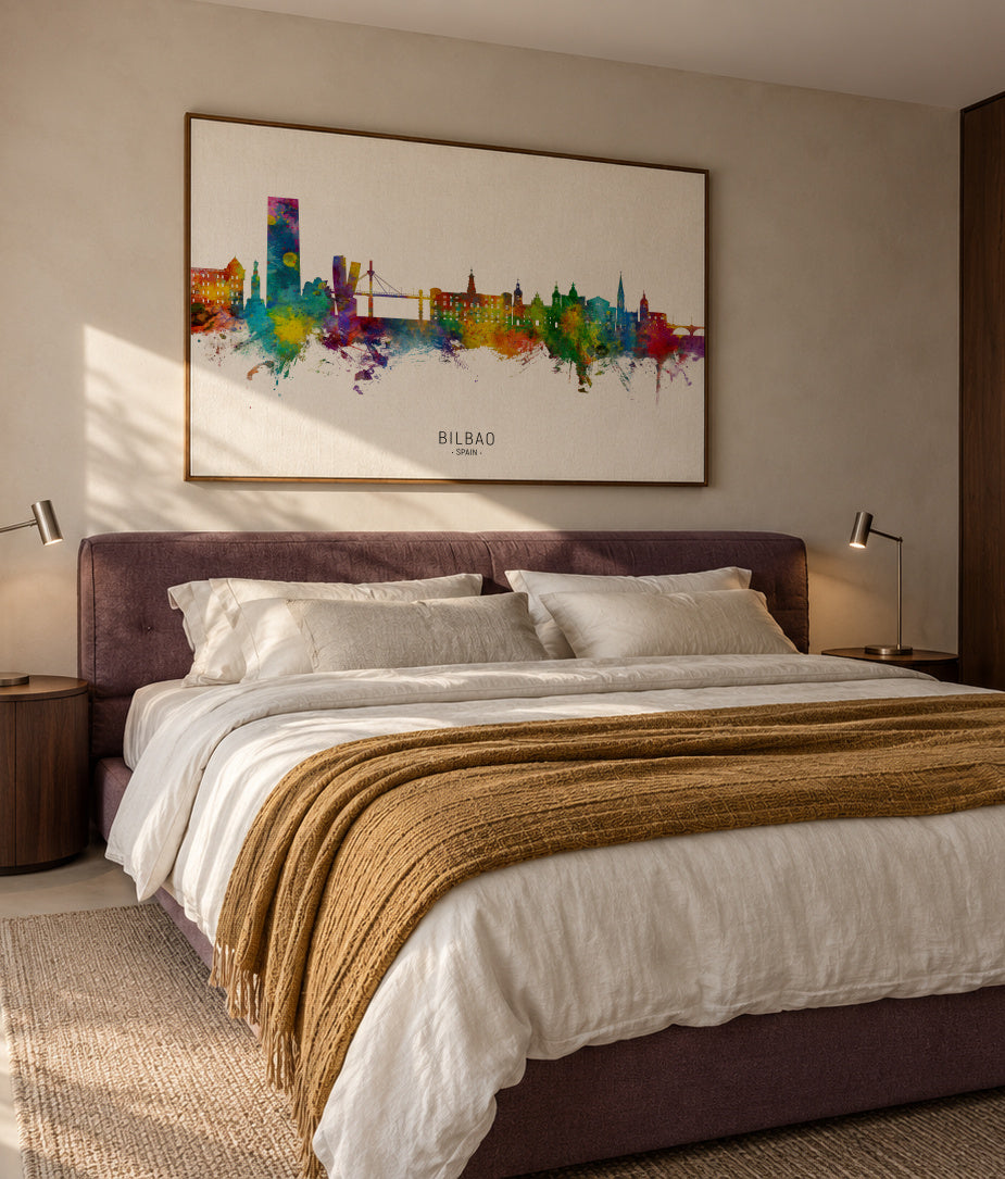 Bilbao Skyline multicolor - Framed canvas in an interior