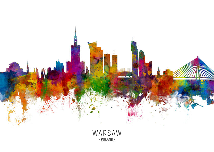 Cestovatelský plakát: Panorama Varšavy v akvarelu