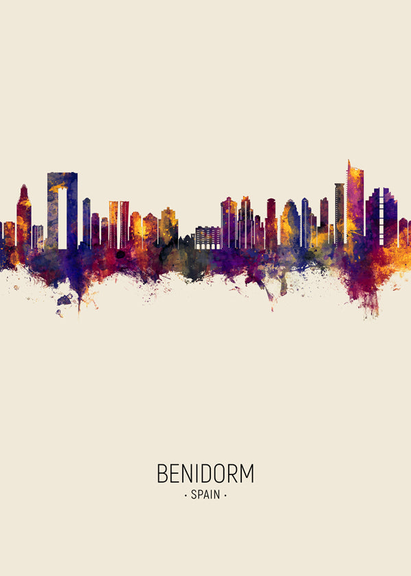 Cestovatelský plakát Benidorm skyline v barvě