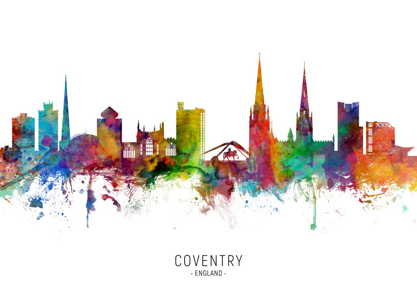 Cestovatelský plakát Coventry akvarelové panorama