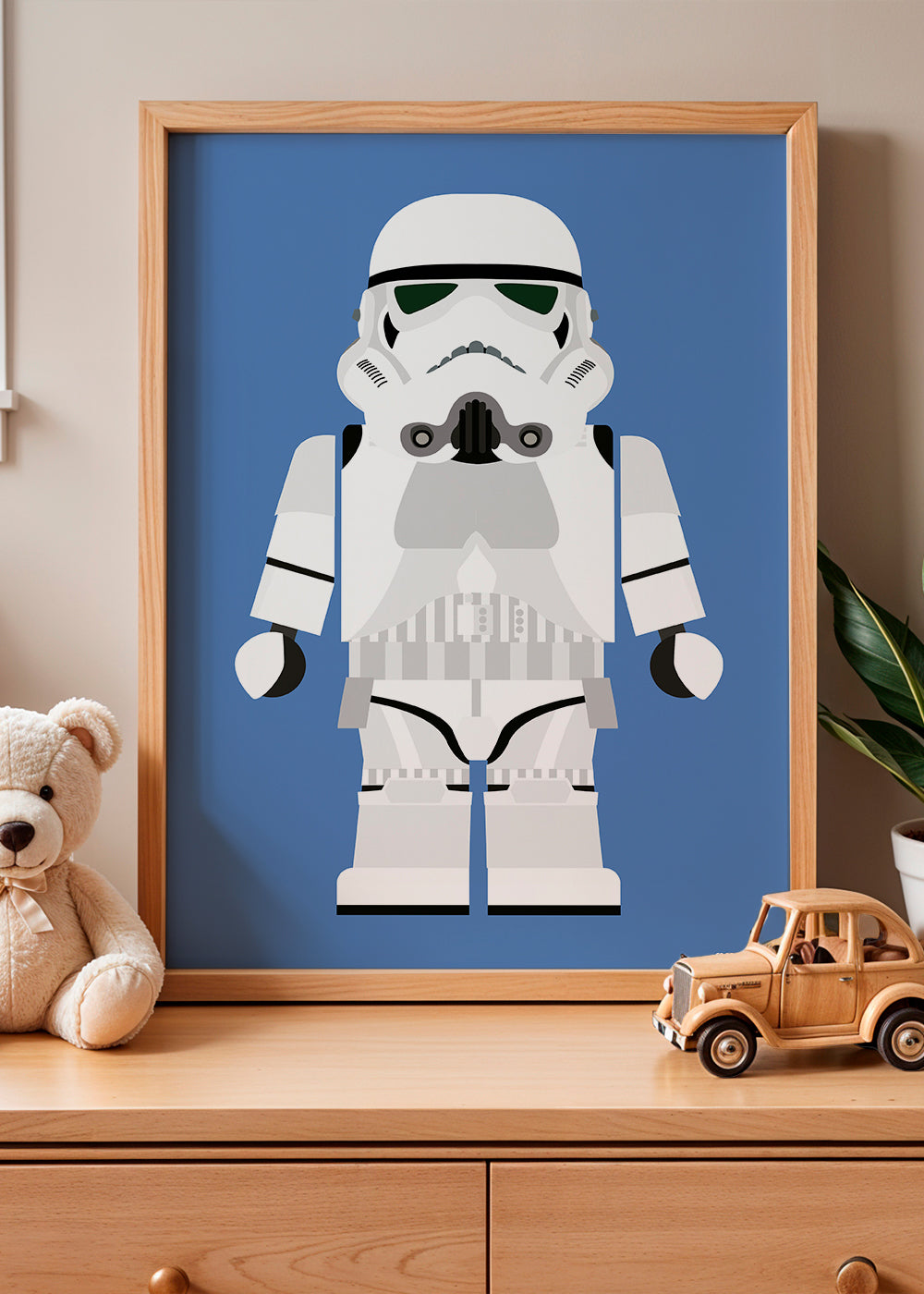 Dětský plakát Stormtrooper hračka na modrém pozadí