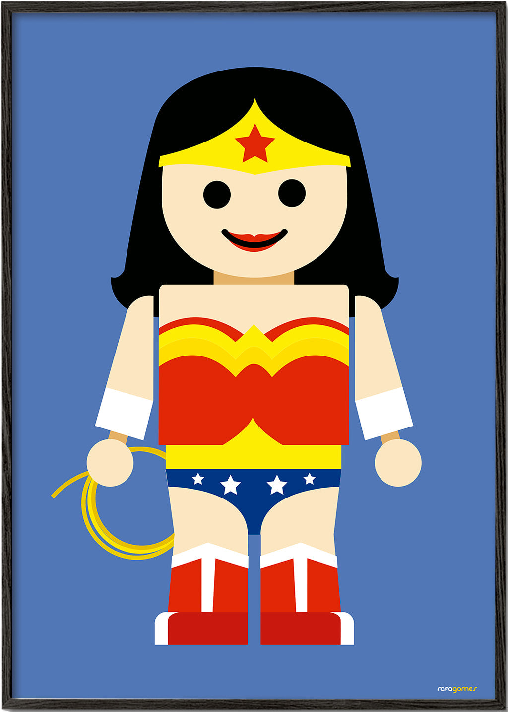 Ilustrace hračka Wonder Woman na modrém pozadí