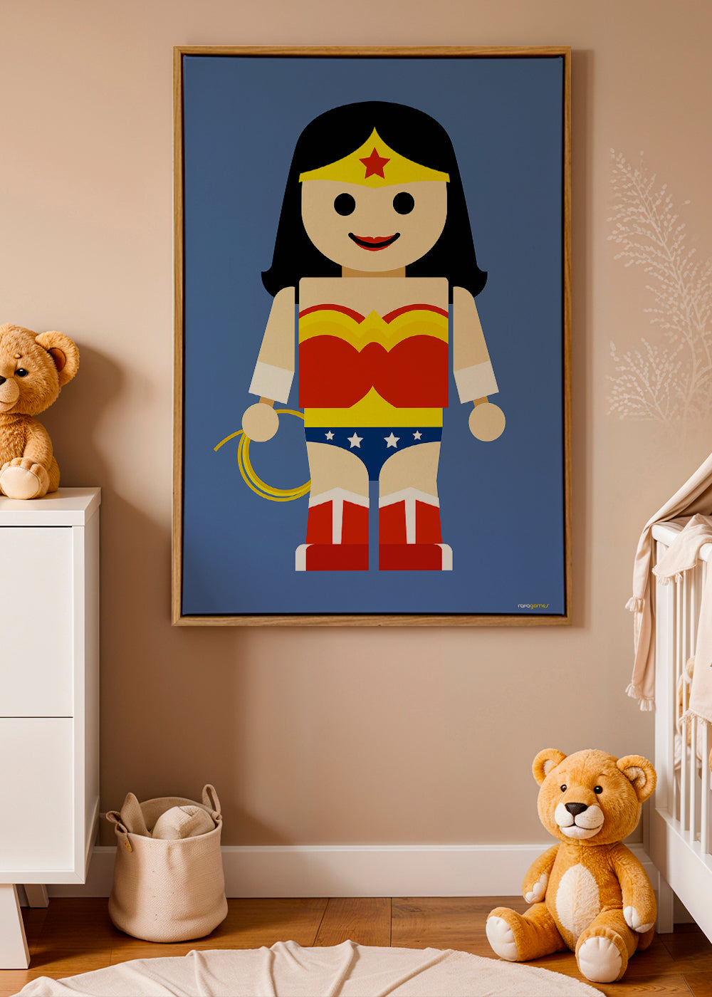 Ilustrace hračka Wonder Woman na modrém pozadí