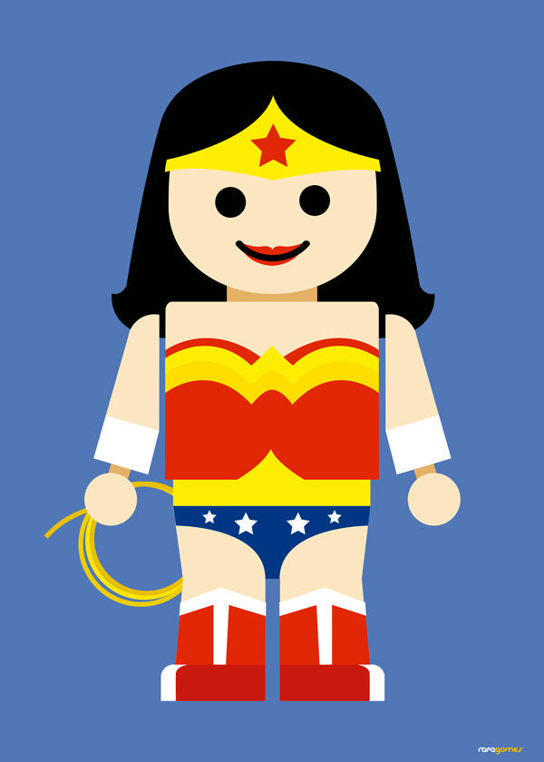 Ilustrace hračka Wonder Woman na modrém pozadí