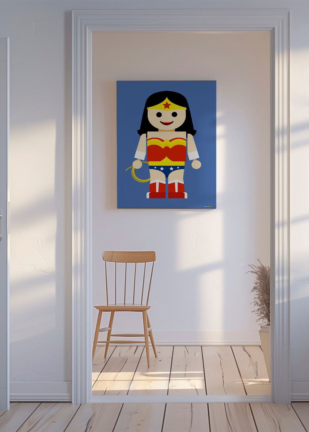 Ilustrace hračka Wonder Woman na modrém pozadí