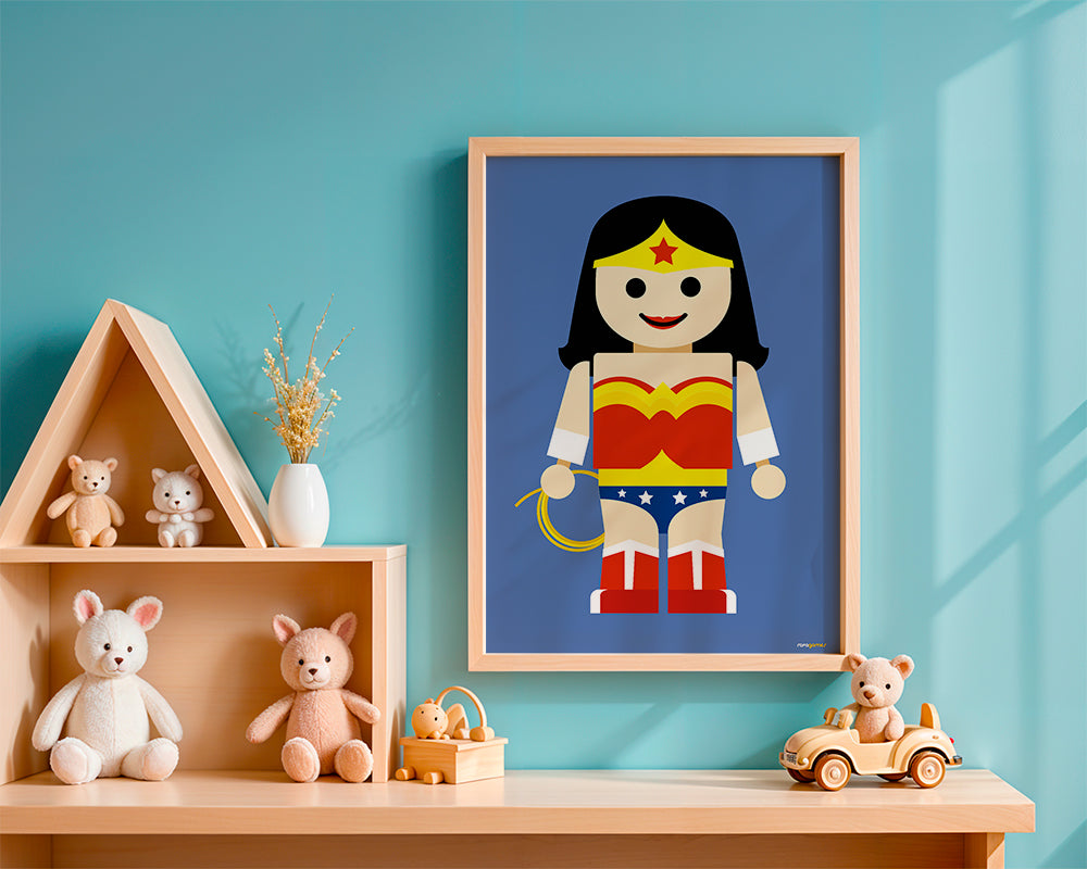 Ilustrace hračka Wonder Woman na modrém pozadí