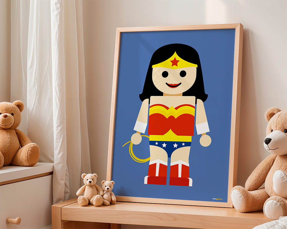 Ilustrace hračka Wonder Woman na modrém pozadí