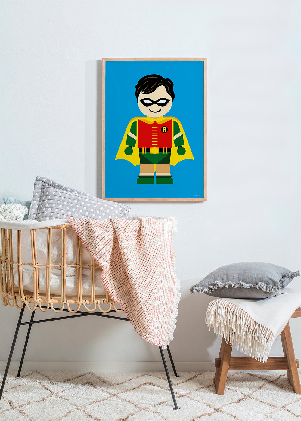 Dětský plakát: hravý superhrdina na modrém pozadí