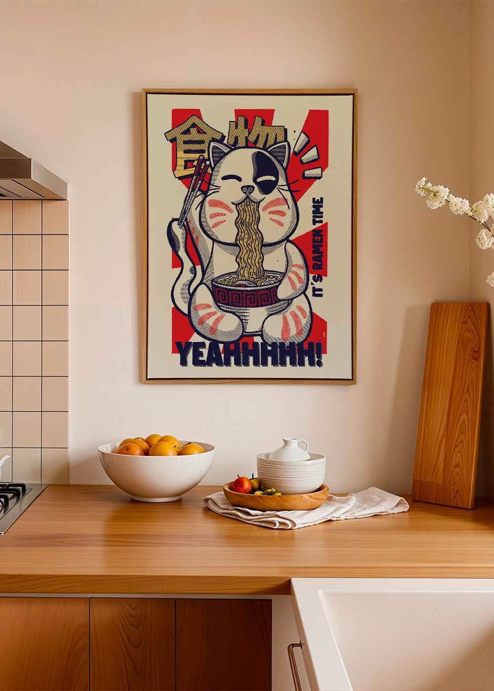 Obraz do kuchyně: ilustrovaná ramen kočka