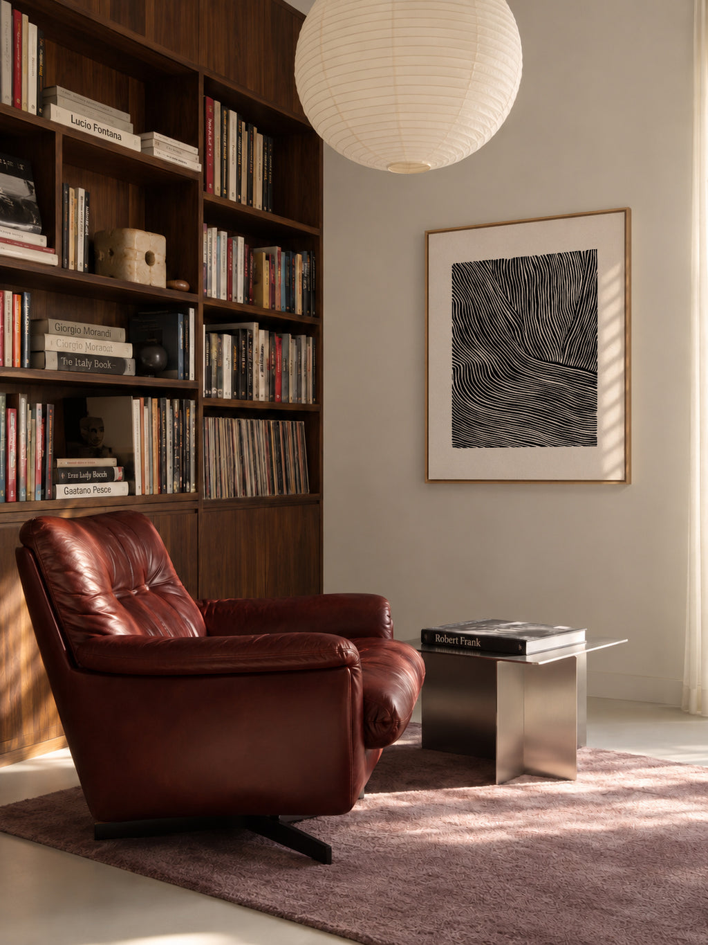 Stripes linocut Nº2 - Black and white - Framed canvas in an interior