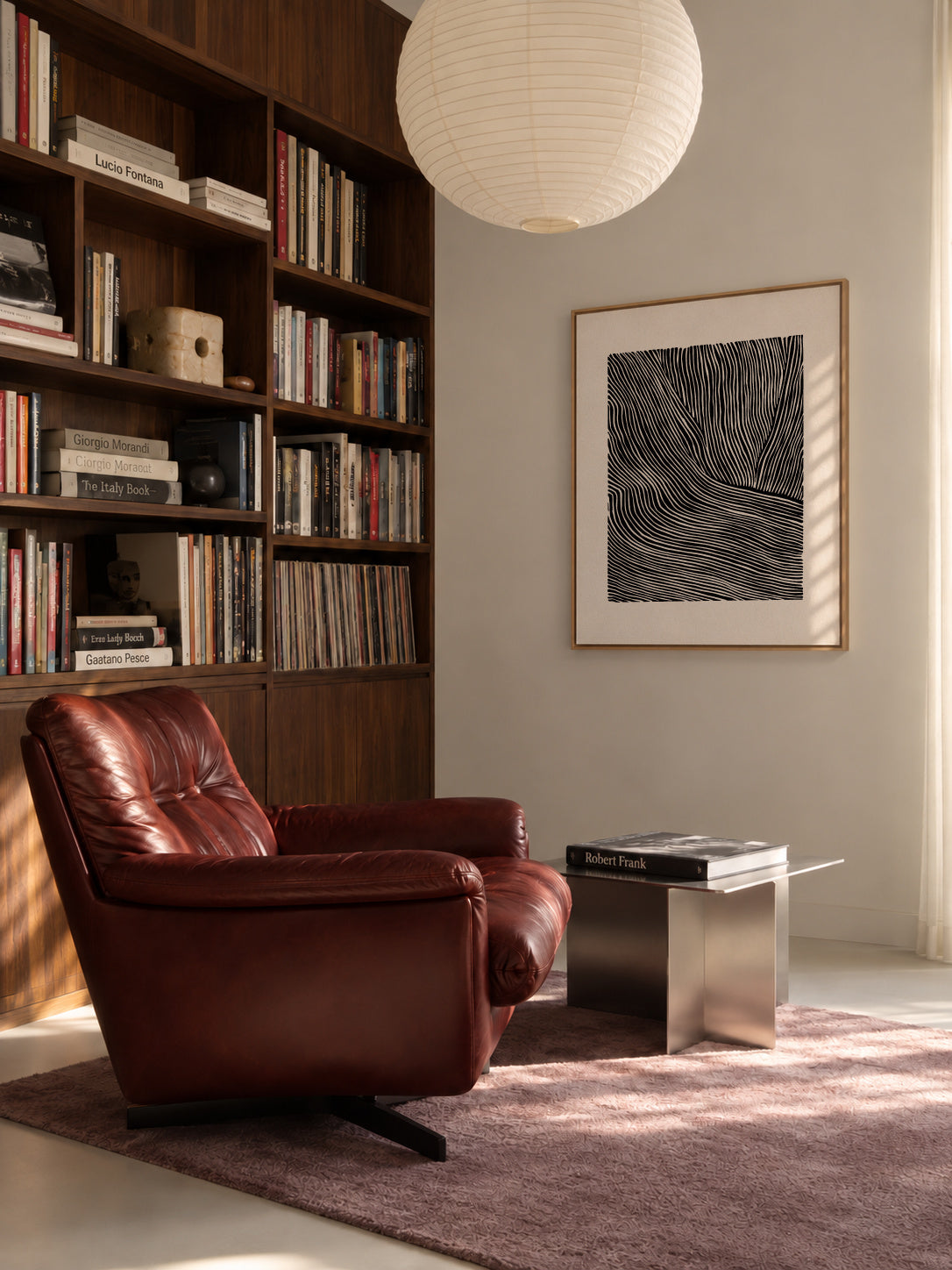 Stripes linocut Nº2 - Black and white - Framed canvas in an interior